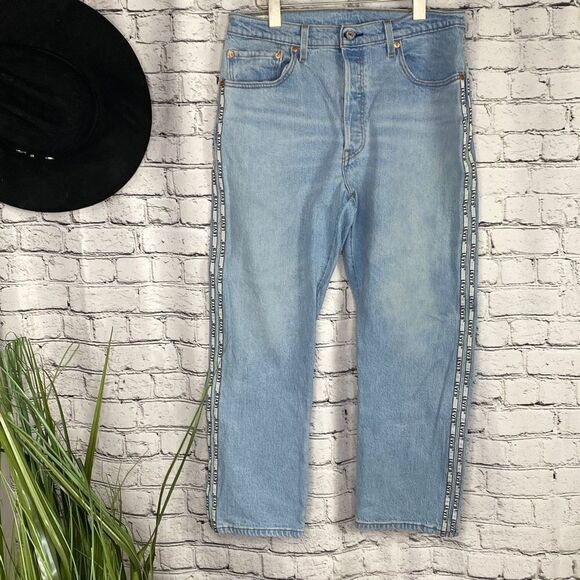 LEVIS 501 Original Sport Stripe Cropped High-Rise Straight Logo Leg Jeans 32/26 - Picture 3 of 16